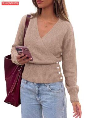Women V Neck Wrap Sweater Cropped Long Sleeve Knit Pullover